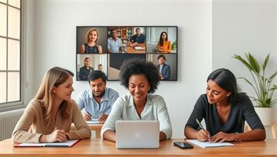 An online group writing session with participants from diverse backgrounds engaging in a virtual workshop led by an experienced writing coach, fostering creativity and collaboration in a digital setting.