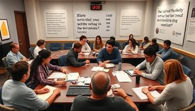 A virtual meeting room filled with diverse writers engaged in a lively discussion, sharing writing tips and progress updates, with digital timers and motivational quotes displayed, creating a sense of community and shared purpose among participants.