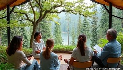 An immersive virtual writing retreat setting with participants connecting from around the world, engaging in workshops, receiving feedback from mentors, and sharing creative ideas in a vibrant online environment.