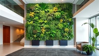 An elegant office lobby adorned with a stunning vertical garden installation, showcasing a variety of plants thriving in a vertical setup against a modern backdrop, emphasizing the beauty and benefits of VertiGrow Solutions' green wall designs.