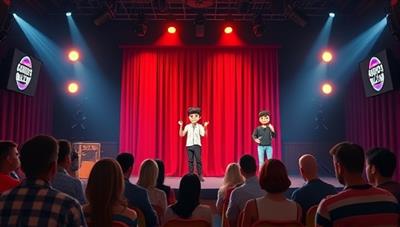 An animated comedy club stage with digital avatars of comedians delivering jokes and interacting with a virtual audience, capturing the essence of a lively and engaging comedy show experience in a virtual world.