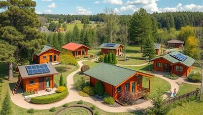 A beautiful landscape with tiny eco-friendly houses nestled among trees, solar panels adorning the roofs, and residents engaging in communal gardening and outdoor activities, reflecting a harmonious blend of nature and sustainable living.