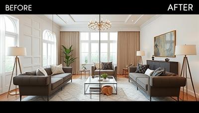 An elegant living room setting with virtual design elements superimposed, showcasing a before-and-after transformation, with trendy furniture pieces, color schemes, and decor accents, illustrating the magic of virtual interior design services.
