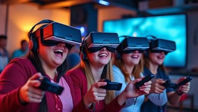 A group of friends wearing VR headsets and controllers, immersed in a virtual reality gaming world, with expressions of excitement and wonder, capturing the essence of the VR gaming lounge experience.