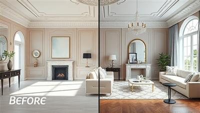 An elegant virtual room design concept with a split-screen showing the before and after transformation, highlighting the aesthetic improvements and design changes, inspiring clients to envision their spaces differently.