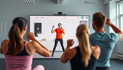 A virtual fitness class setup featuring a professional instructor leading a workout session on a screen, with participants following along from different locations, displaying energy and enthusiasm in their movements, creating a dynamic and motivational virtual fitness experience for busy professionals.