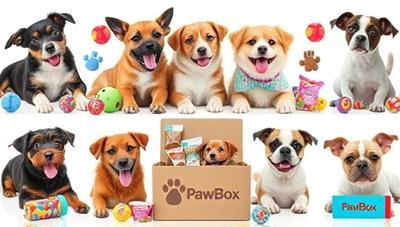 An adorable collage of happy pets playing with toys and enjoying treats from a PawBox, showcasing the joy and excitement that personalized pet subscription boxes bring to furry friends and their owners.