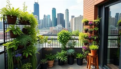 A modern urban apartment balcony transformed into a lush vertical garden oasis with the city skyline in the background, showcasing the beauty and functionality of the urban vertical garden kit in a limited space setting.