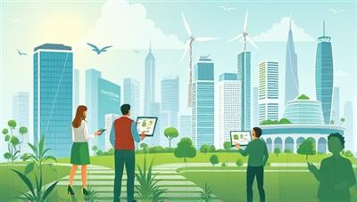 An eco-friendly and futuristic cityscape illustration with Gen Z investors engaging with digital screens showing sustainable investment options, renewable energy projects, and environmental impact data, reflecting a harmonious blend of technology, finance, and sustainability in the EcoGen Fund vision.