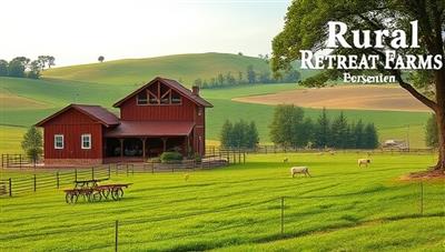 A picturesque farm setting with cozy guest cottages, rolling hills, and grazing animals, where guests are seen picking fresh produce in the fields or enjoying a farm-to-table meal under the shade of a tree, embodying the serene and enriching farm stay experience at Rural Retreat Farms.