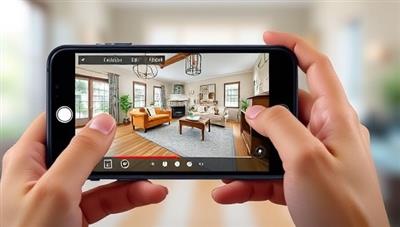 An AR-enabled smartphone displaying a virtual property tour in action, with interactive features like room measurements, furniture placement options, and a 360-degree view, illustrating the immersive and informative nature of AR Property Insights tours.
