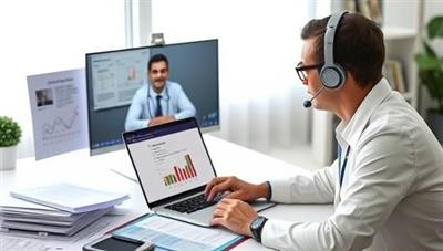 A virtual tax audit scenario with a tax expert guiding a client through the audit process via video call, surrounded by audit documents and a laptop displaying tax software, symbolizing the professional and reassuring assistance provided by AuditGuard Virtual in tax audit support services.