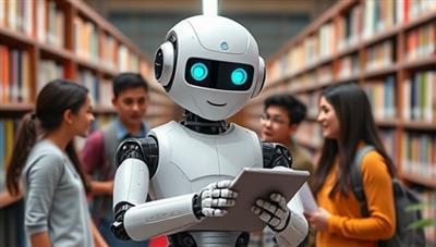 An AI-powered robot character with a virtual library background, interacting with a diverse group of students of different ages and genders, symbolizing the dynamic and adaptive nature of the homework help assistant.