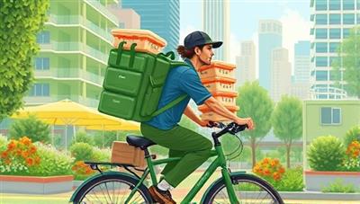 An artistic illustration of a delivery cyclist with a backpack full of eco-friendly food containers, riding through a cityscape with green buildings and lush urban gardens, symbolizing sustainable food delivery and environmentally friendly practices.