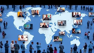 An interactive digital map displaying various virtual event icons, each representing a unique localized experience, surrounded by virtual attendees engaging in interactive workshops and networking sessions, illustrating the vibrant and community-centric nature of CommuniVibe Events.