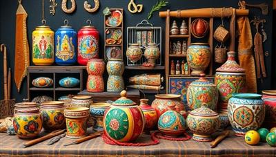An array of vibrant and intricately designed artisan products displayed on an online marketplace platform, surrounded by cultural motifs, artisan tools, and storytelling elements, highlighting the beauty and craftsmanship of the souvenirs available on ArtisanTreasures Market.