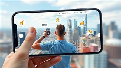An AR-enhanced mobile screen displaying a user exploring a virtual cityscape with interactive travel information overlays, hotel previews, and local attractions, creating a futuristic and engaging travel planning experience.