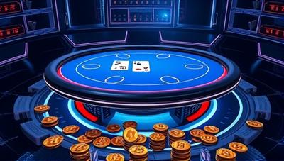 A digital artwork representing a futuristic poker table surrounded by virtual currencies like Bitcoin and Ethereum, symbolizing the marriage of blockchain technology and online poker in a sleek and modern setting.