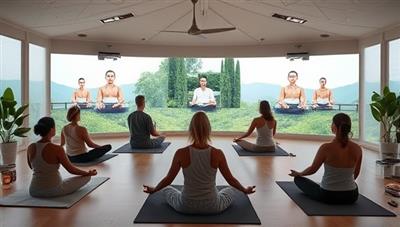 A serene virtual retreat setting with participants engaged in meditation poses, yoga stretches, and mindfulness exercises, surrounded by calming nature sounds and digital screens displaying relaxation techniques, evoking a tranquil and rejuvenating virtual wellness retreat experience.