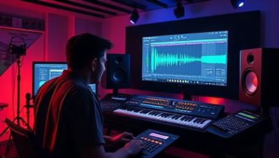 An inspiring visual of a music producer immersed in a virtual music production workshop on the SoundCraft Academy platform, showcasing a digital audio workstation interface, MIDI controllers, studio monitors, and creative sound effects, highlighting the platform's educational resources and hands-on learning opportunities for music enthusiasts.