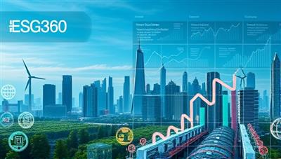 A futuristic city skyline with green energy infrastructure and social impact projects, overlaid with data graphs and sustainability icons, representing the ESG360 Insights platform as a comprehensive solution for ESG reporting and compliance.