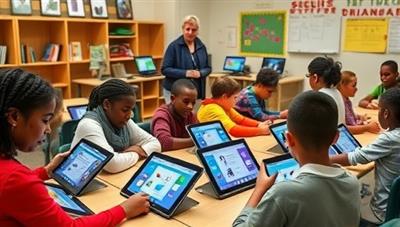 An inclusive classroom setting with students using adaptive learning software on tablets and computers, guided by teachers and therapists, showing personalized learning experiences tailored to individual needs and abilities.