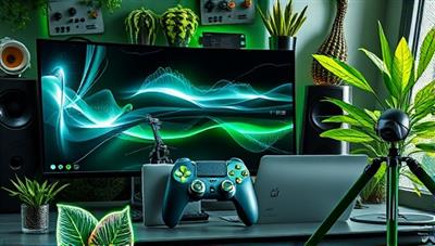 An artistic representation of a sleek and modern gaming setup featuring eco-friendly gaming accessories, surrounded by lush greenery and sustainable elements, highlighting the harmony between technology and nature in gaming.