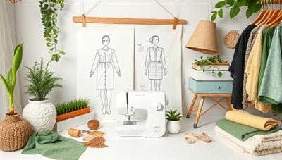 An eco-friendly fashion studio with sustainable fabrics, sewing materials, and design sketches, creating a visually appealing and environmentally conscious workspace for learning and creating eco-friendly fashion designs online.