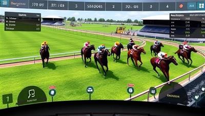 An immersive image of a virtual horse racing track with detailed horse animations, jockeys, and betting odds displayed on a digital interface, showcasing the dynamic and realistic environment of the RaceQuest Virtual horse racing simulator.