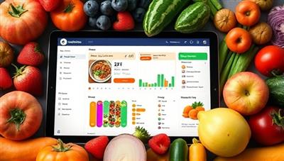 An interactive nutrition dashboard displaying personalized meal recommendations, nutrient breakdowns, and wellness tips on a tablet screen, surrounded by fresh fruits, vegetables, and superfoods, creating a vibrant and health-focused atmosphere that embodies the essence of the AI-powered personalized nutrition platform.