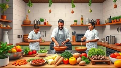 A vibrant and interactive virtual kitchen setting with chefs demonstrating cooking techniques, surrounded by fresh ingredients, cooking utensils, and colorful spices, creating a dynamic and engaging culinary experience for participants eager to explore the art of cooking.