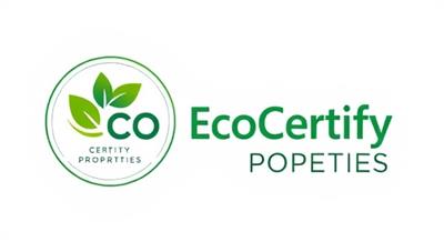 A visually appealing certification logo for EcoCertify Properties, featuring green leaves and sustainable design elements, symbolizing the agency's commitment to environmentally responsible real estate developments and the value of sustainability certifications in the industry.