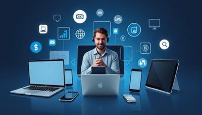 An array of digital devices such as laptops, smartphones, and tablets surrounded by virtual tech support tools and icons, with a remote technician providing assistance through a screen interface, illustrating the convenience and expertise of the TechSquadron support services.