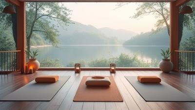 A serene and tranquil virtual retreat setting featuring a peaceful nature backdrop with soft lighting, yoga mats, meditation cushions, and relaxation essentials, creating a calming and inviting atmosphere for participants to experience the wellness offerings of SerenitySpace.