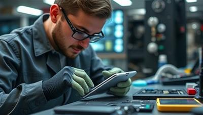 A technician carefully repairing a smartphone with precision tools and equipment in a well-organized and modern repair shop, emphasizing professionalism and expertise in tech repair services.