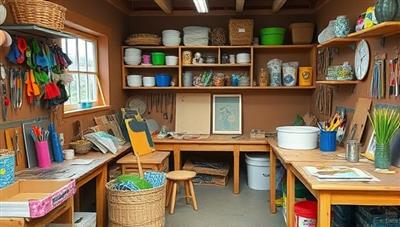 A cozy workshop space filled with colorful recycled materials, tools, and finished eco-art creations, conveying a sense of creativity, sustainability, and hands-on learning.