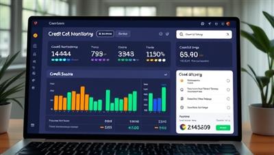 An engaging digital interface displaying a user-friendly credit monitoring dashboard with credit score trackers, dispute resolution features, and personalized credit improvement recommendations, symbolizing financial empowerment and credit transformation in a virtual setting.