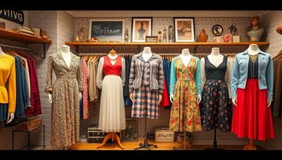 An online vintage boutique display showcasing a variety of retro clothing items, accessories, and iconic fashion pieces from different decades, styled creatively on mannequins and displayed in a vintage-inspired setting, evoking nostalgia and fashion-forward vintage trends on RetroRevive.