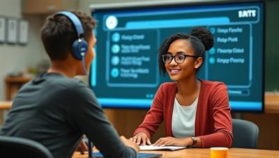 An AI tutor avatar interacting with a student on a digital screen, providing personalized academic assistance and guidance in a virtual classroom setting, illustrating the innovative and adaptive nature of SmartAid Tutor in personalized learning.