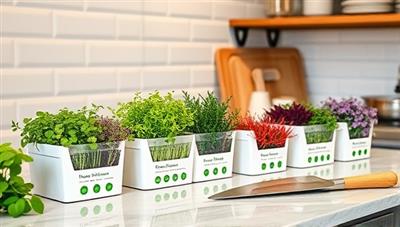 An urban kitchen counter adorned with various vibrant microgreens in sleek, modern packaging, alongside a chef's knife and cutting board, highlighting freshness and culinary creativity.