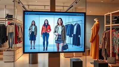 A digital screen displaying a virtual fitting room with a customer trying on different outfits virtually, surrounded by stylish clothing racks and accessories, creating a high-tech and trendy atmosphere.