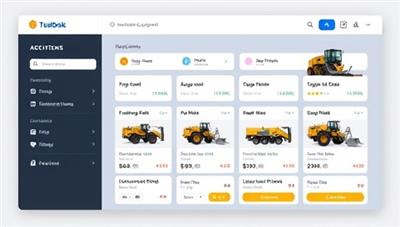 An engaging platform interface displaying a variety of construction equipment options available for rent, with detailed specifications, rental rates, and user reviews, creating a one-stop destination for equipment rental needs in the construction sector.