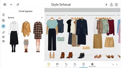 An interactive virtual wardrobe with digital clothing items, accessories, and style suggestions displayed on a sleek interface, showcasing the versatility and convenience of StyleSphere Virtual in creating personalized style solutions for clients seeking fashion inspiration and guidance.