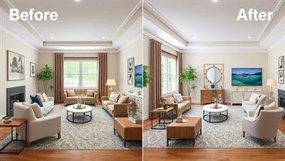 A visually stunning living room design rendering with before and after images, illustrating the transformative impact of virtual interior design consultations by DesignVirtuoso, showcasing a harmonious blend of colors, textures, and decor elements that elevate the space.