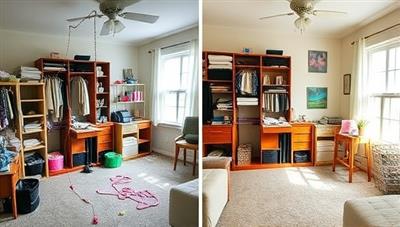 An organized and clutter-free room transformation with side-by-side images of a messy space and a beautifully organized room, highlighting the impact of professional home organization services, creating a visually appealing and inspiring setting.