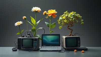 An artistic depiction of old tech gadgets being transformed into blooming plants and trees, symbolizing the concept of tech recycling and environmental sustainability, evoking a sense of eco-consciousness and renewal.