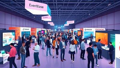A dynamic digital illustration of a virtual event hall filled with animated avatars interacting and networking, with virtual booths showcasing sponsors and exhibitors, conveying the vibrant and immersive experience of a virtual event hosted on EventEase Hub.