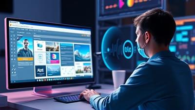 An innovative visualization of VoiceDesign Pro in action, with a designer using voice commands to adjust website elements, accompanied by real-time design changes on the screen and a futuristic voice interface, illustrating the tool's seamless integration of voice technology and design creativity.