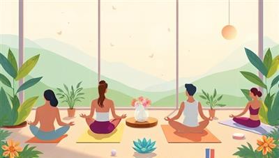 A serene digital illustration showcasing a virtual wellness retreat setting with participants engaging in meditation, yoga poses, and wellness activities, surrounded by nature elements and soothing colors, creating a tranquil and rejuvenating atmosphere for holistic well-being.