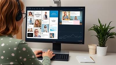 A professional branding consultation session conducted virtually with a client, showcasing a digital workspace with branding mood boards, social media engagement analytics, and personalized strategies, illustrating the value of virtual personal branding consultancy services.